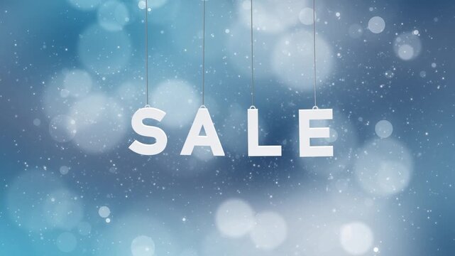 White SALE letters hanging on strings and gently swinging over a blue snowy background with soft bokeh, representing a seasonal promotion, discount campaign, or winter sale concept. Seamless looping. - Powered by Adobe