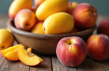 Ripe yellow mangoes and red peaches fill rustic bowl on wooden table. Sliced peaches arranged on surface show juicy seed. Healthy organic fruits create vibrant natural still life.