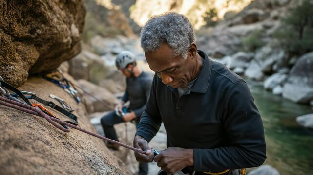 Experienced senior man preparing ropes for rock climbing with partner. Active lifestyle, outdoor adventure. Enjoying nature, teamwork, safety first. Inspiring older generation.