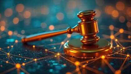 Golden gavel sits on abstract digital network. Law and order meet modern tech. Justice system adapts to cyber world. Legal concepts intersect online space. Authority upholds digital rules.