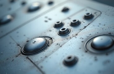 Close up of aircraft metal skin with rivets and water droplets. Textured grey panel shows industrial construction detail. Metallic surface appears aged and worn, reflecting light.