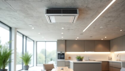 Modern open plan living area with concrete ceiling and integrated cassette air conditioner. Natural light floods in through large windows revealing a stylish kitchen and dining space.