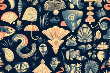 Seamless marine vector pattern with umbrellas shells and fish
