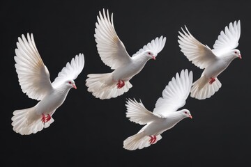 Fototapeta premium White dove in flight captured in sequential motion, showcasing graceful wings and vibrant feathers against a dark background, symbolizing peace and freedom with copy space