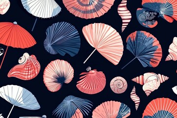 Flat ocean themed vector pattern with shells and fish