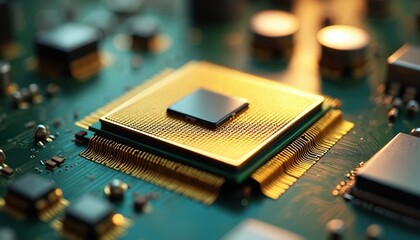 Golden processor on computer circuit board. Detailed macro shot of electronic hardware, microchip connections on green pcb surface, technology industry components.