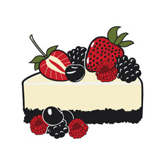 A slice of cheesecake topped with strawberries, raspberries, cherries, and blackberries in hand-drawn style on a white background. Dessert concept