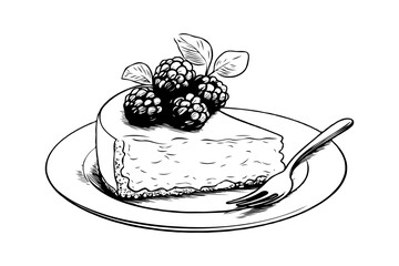 A slice of cheesecake topped with blackberries and leaves on a plate with a fork, hand-drawn illustration on white background, dessert concept