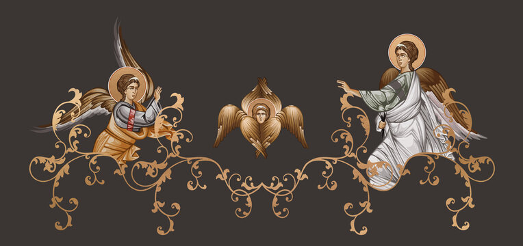 Seraphim. Decorative vintage border with angels, illustration in Byzantine style