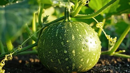 A vibrant closeup shot of a young green pumpkin or squash growing on its vine in a sundrenched organic garden covered with glistening morning dew drops highlighting the fresh produce and healthy grow. - Powered by Adobe