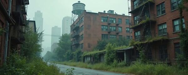Dilapidated brick buildings with fire escapes stand on an empty street, plants grow over them. Nature reclaims, city edges overgrown with green plants. Foggy weather over abandoned structures.