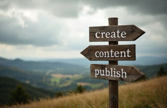 Wooden signpost in nature shows directions create content publish. Path for blog writer, publisher or media creator leads through grassy hill and mountains.