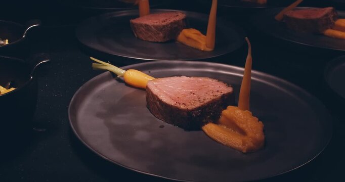 modern presentations of haute cuisine, European food establishments, restaurants with Michelin star. minimalist decoration, original serving of food. dark background professional lighting