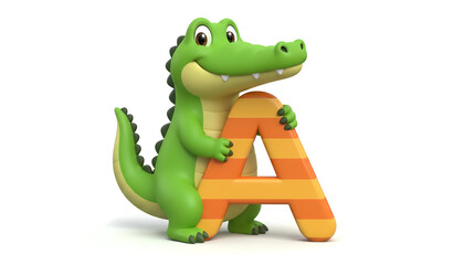 Obraz premium Cartoon alligator hugging the letter A with orange and yellow stripes
