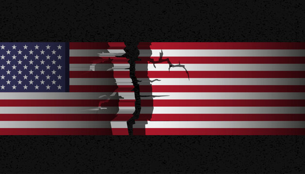 American flag is torn, symbol of division of society, civil war, crisis in the US .Protests and the danger of dictatorship, political crisis, collapse, chaos of elections, division in country.