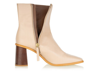 Beige Pointed Boot with Brown Heel