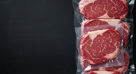 Raw meat storage concept showing marble beef sealed in plastic.