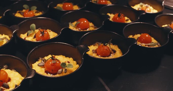 modern presentations of haute cuisine, European food establishments, restaurants with Michelin star. minimalist decoration, original serving of food. dark background professional lighting