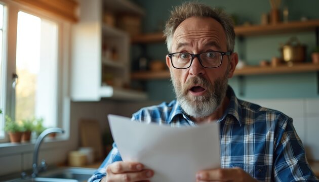 Shocked man holds bill with surprise. He sees high cost, unexpected expense, bad financial news. Worried person checks utility payment, budget problem.