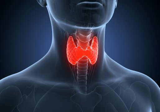 Medical visualization of the endocrine system with a focus on the thyroid.