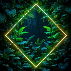 Vibrant neon frame in lush tropical jungle with exotic green plants and leaves