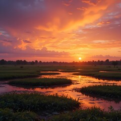 Vibrant sunset over serene wetland landscape with lush greenery and calm waters