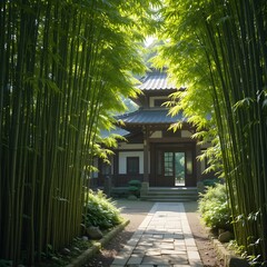 Serene Japanese temple surrounded by lush bamboo forest
