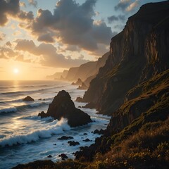 Dramatic coastal landscape with rugged cliffs and waves at sunset