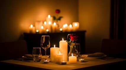A romantic candlelit dinner table set for two on Valentines day with a single red rose