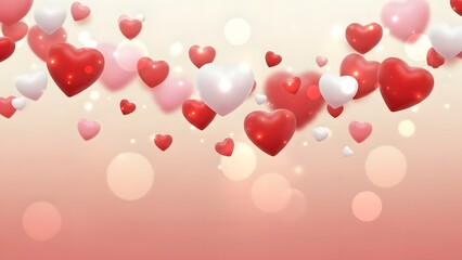 A beautiful Valentine's Day background with floating hearts and bokeh lights on a pink gradient