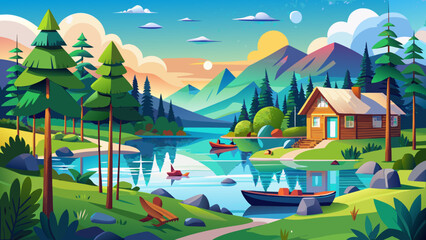 Fototapeta premium Very beautiful summer holiday scene capturing peaceful lakes, green forests, and relaxed outdoor lifestyle reflecting the natural beauty of Finland.