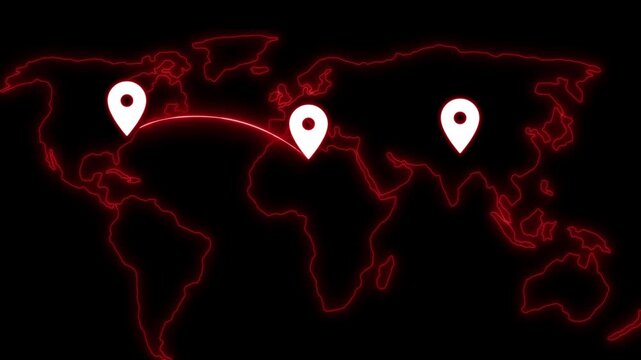 Stylized world map with flight path and location markers animation
