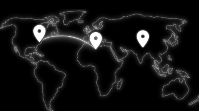 Stylized world map with flight path and location markers animation