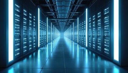 Rows of server racks with glowing blue lights in a modern data center hallway. Digital storage units create a high tech environment for computing and network infrastructure. Advanced facility.