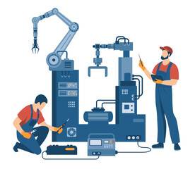Two industrial technicians performing diagnostics and maintenance of industrial robotic arms in a factory. Concept of industrial maintenance, automation and technical support.