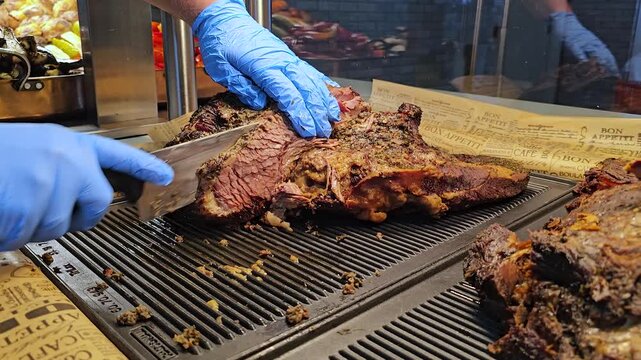 Close-up of gloved hands slicing roasted beef meat on grill surface in professional kitchen.