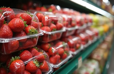 Clear plastic containers of ripe strawberries stacked on a grocery store shelf. The fresh red berries with stems look firm and juicy, appealing for healthy eating or desserts.