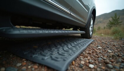 Vehicle tire rests on traction mat, stabilizing on gravel ground outdoors. Offroad driving aid enhances grip for rugged terrain, preventing slippage during travel.