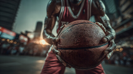 Basketball player is holding basketball ball on a court, close up photo