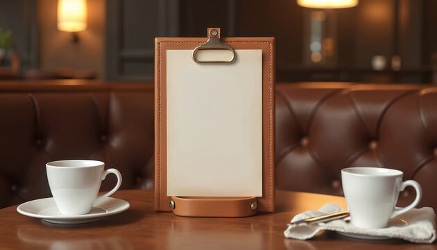 Blank menu holder on wood table with coffee cups at elegant restaurant. Luxurious booth seating and warm lighting create inviting atmosphere. Useful for menu design, cafe promos, hospitality concepts.