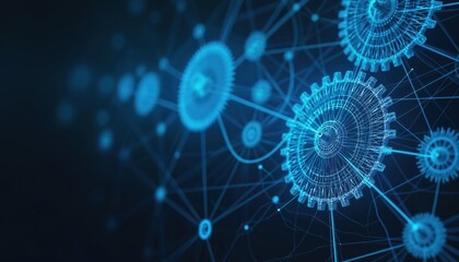 Abstract network of blue glowing gears, nodes connect across dark space. Digital schematic shows futuristic mechanical connections. Technology concept illustration with intricate wiring, glowing