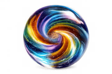 Colorful cosmic spiral galaxy inside a transparent glass orb, representing universe concept and innovation
