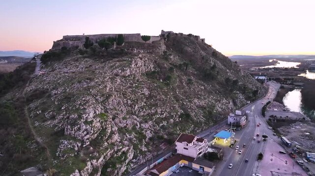 Albania Shkoder Rozafa castle and city, winter landscape after sunset