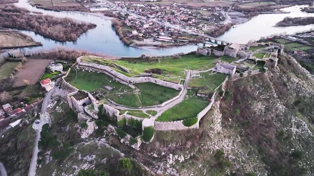 Albania Shkoder Rozafa castle and city, winter landscape after sunset