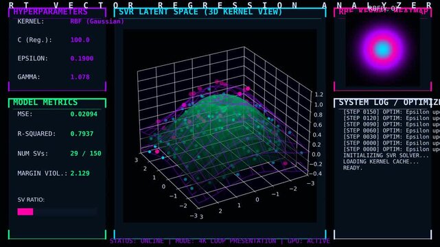 abstract Support Vector Machine SVM Kernel Method Classifier with 3D Latent Space Visualization and Real-Time Optimizer System for Machine Learning Pattern Recognition and Data Analytics