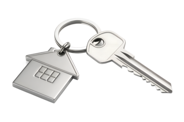 House keys with house shaped keychain isolated on transparent background