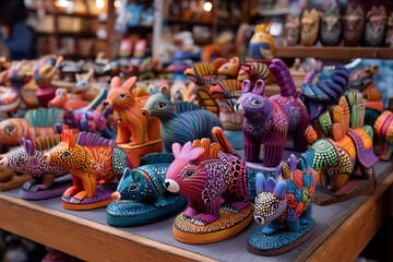 A collection of colorful hand-carved wooden "nahuales" (spirit animal figures), intricately designed and displayed on a market stall.