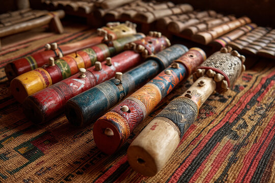 A collection of traditional Guatemalan musical instruments (like a marimba or chirim�a), intricately crafted, resting on a woven mat.