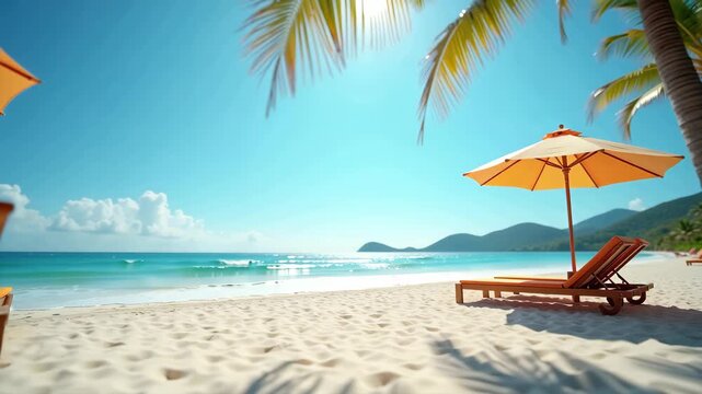 Relaxing beach scene with lounge chair and umbrella by the ocean. Vacation concept with tropical palm trees. Travel destination background.