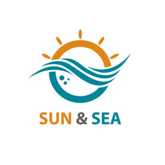 abstract sea waves and sun icon isolated on white background